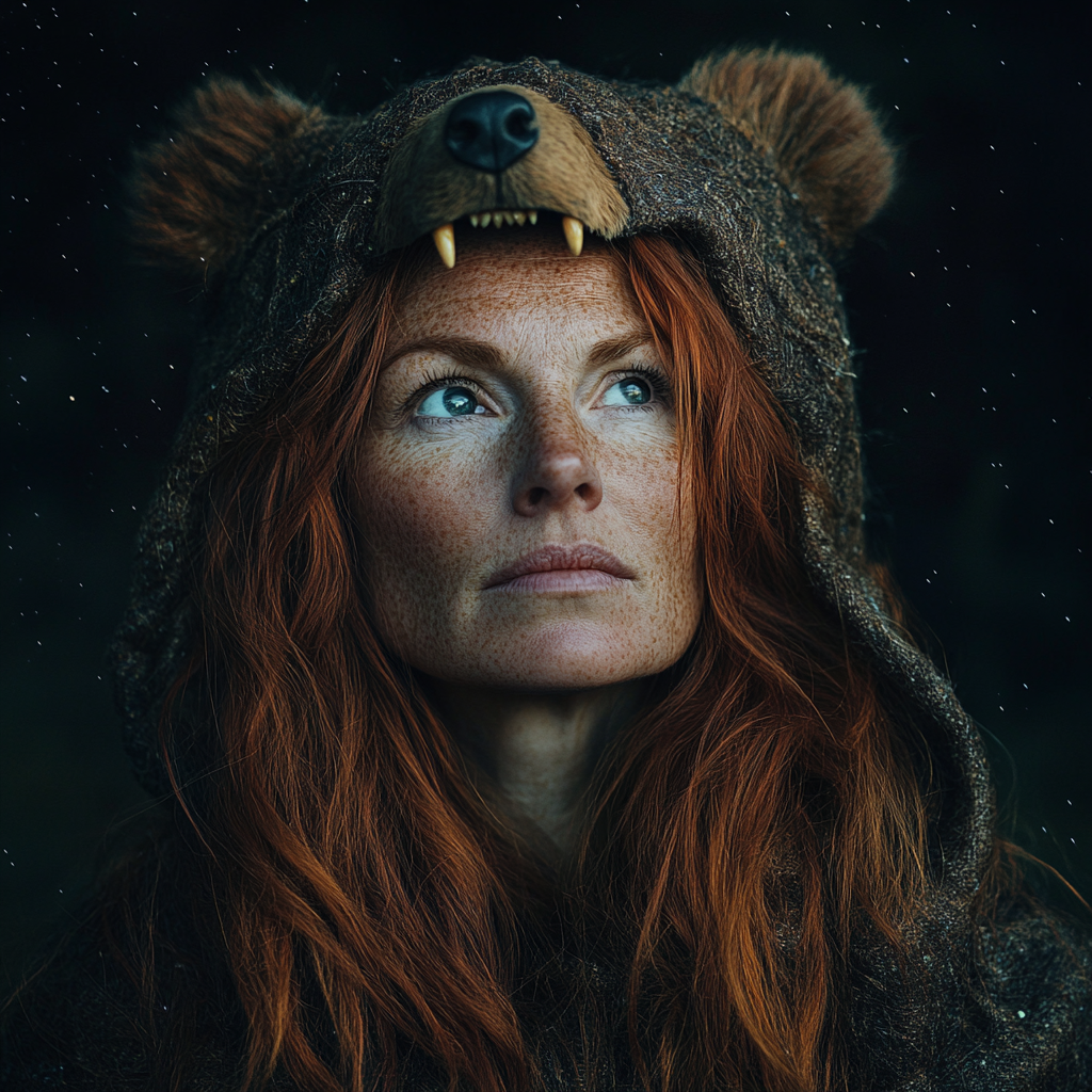 Mature Celtic woman wears bear headdress, gazes wisely.