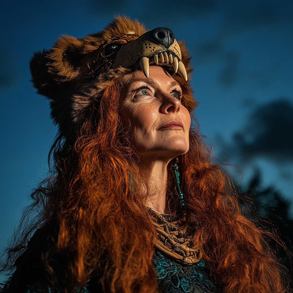 Mature Celtic woman with red hair and bear headdress.