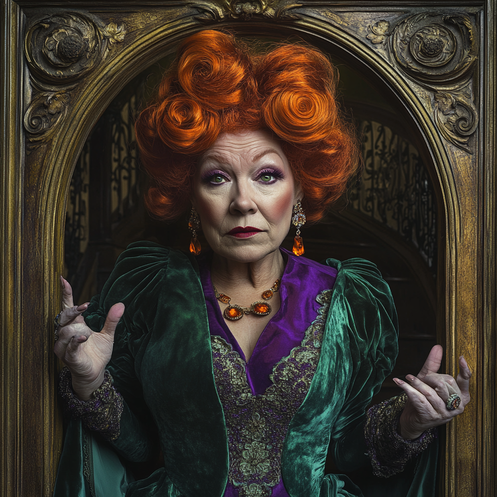 Mature woman resembling Bette Midler in Rococo style outfit.