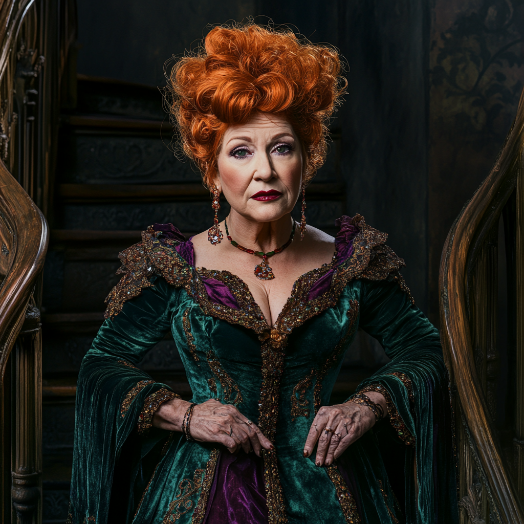 Mature woman resembling Bette Midler in Rococo style.