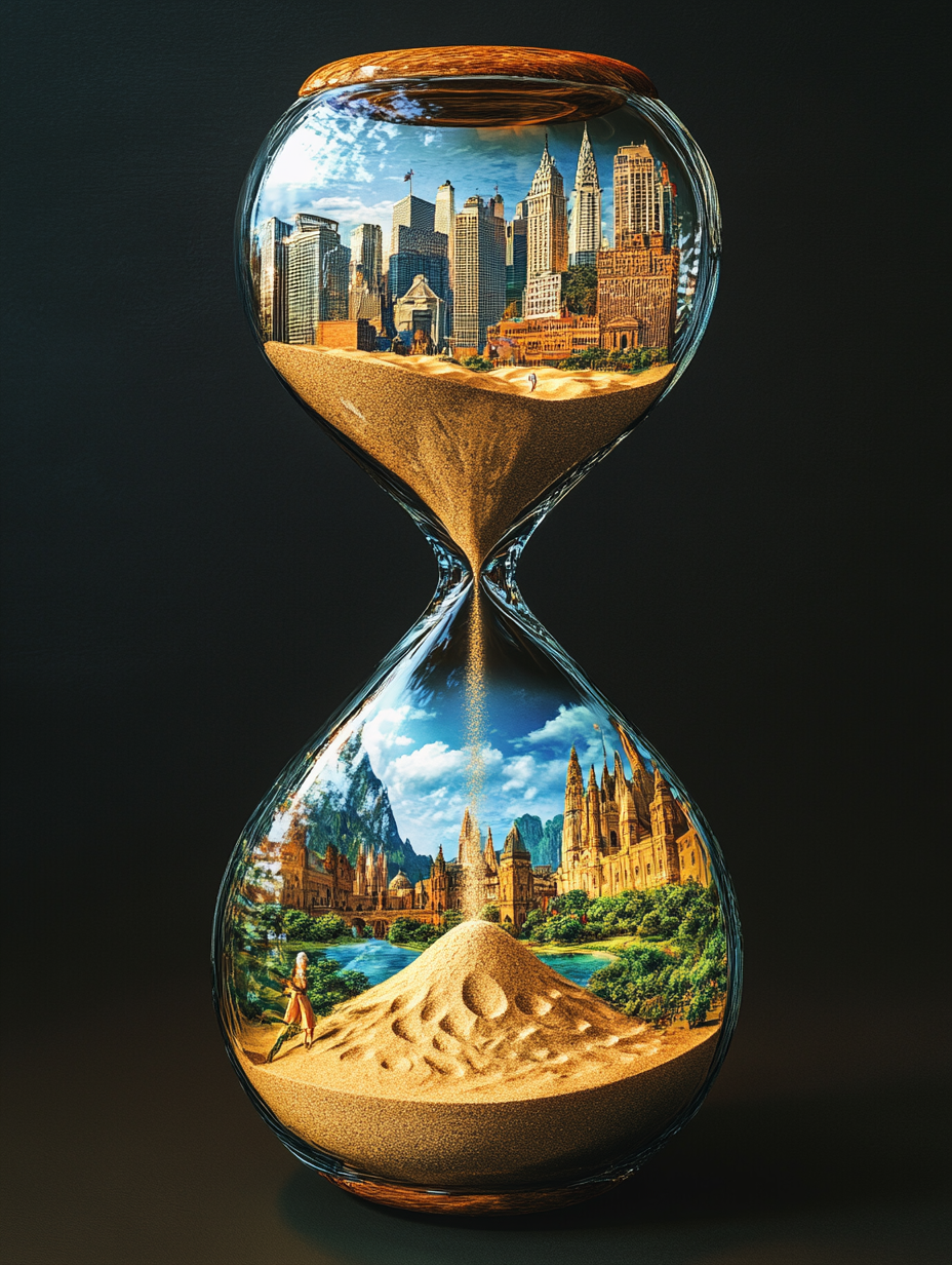 Maya balancing cityscape and landscape in hourglass.