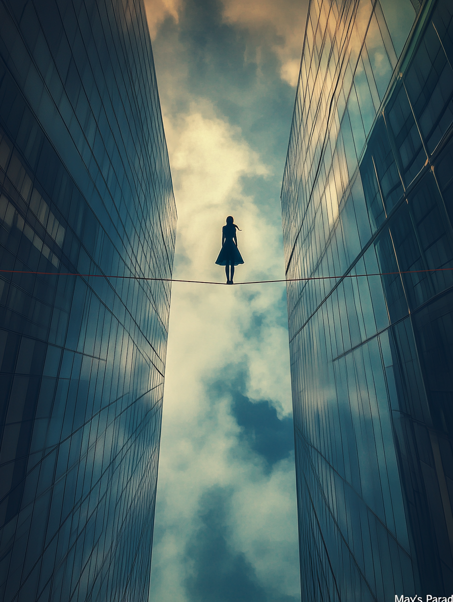 Maya balancing on tightrope between two office buildings.