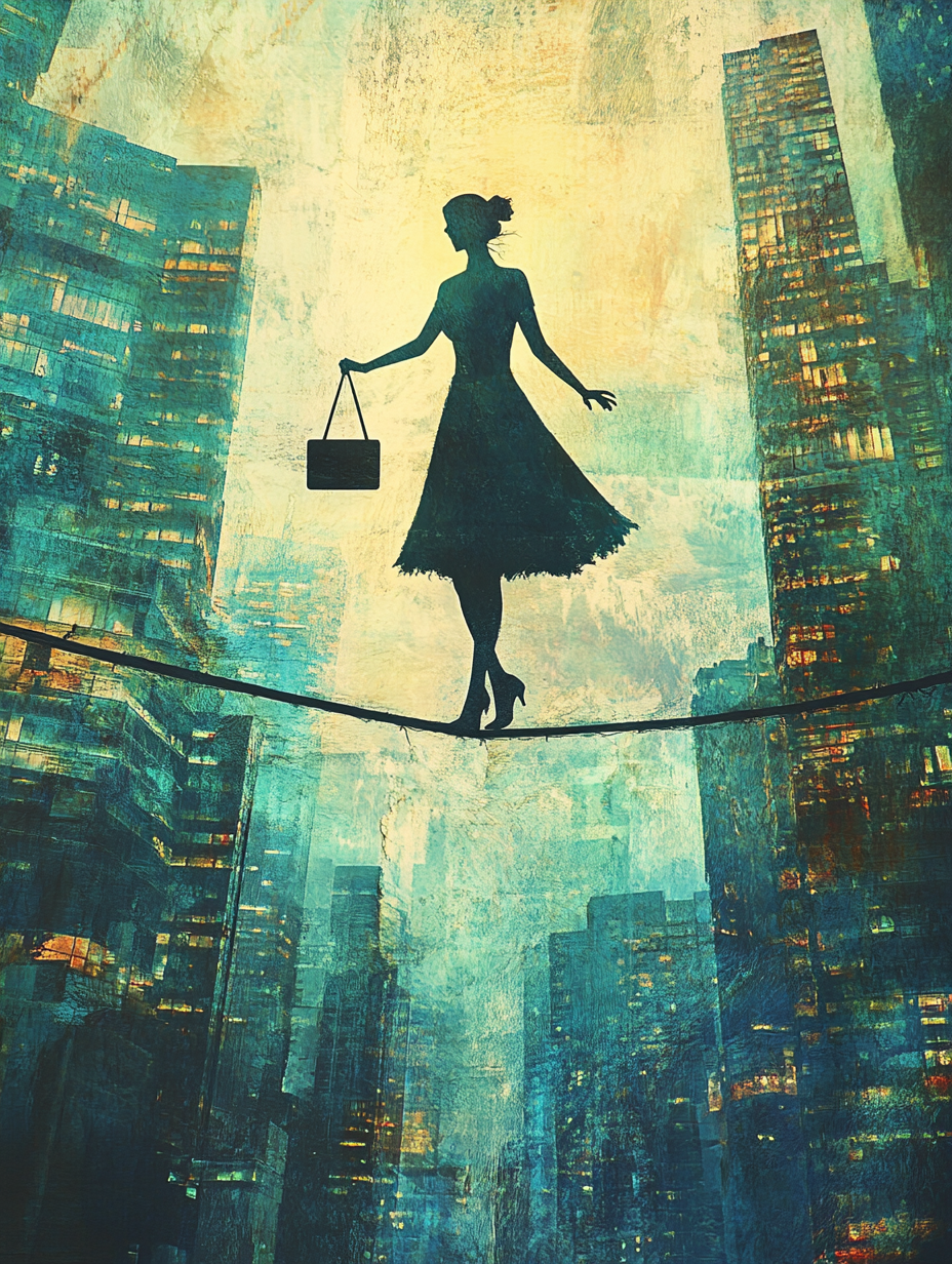 Maya walking on tightrope above city with scale, briefcase.