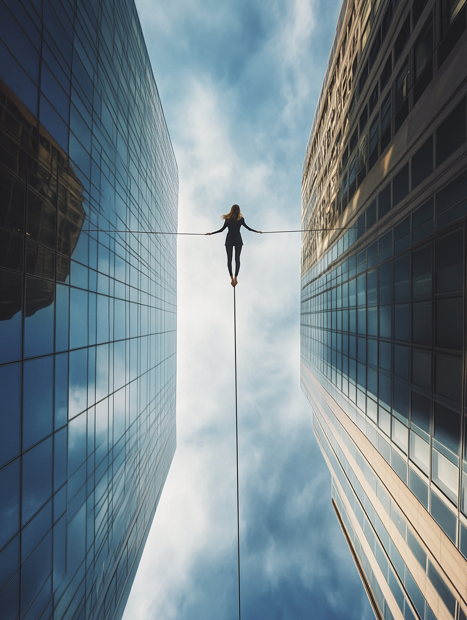 Maya walks tightrope, symbolizing balance in corporate world.