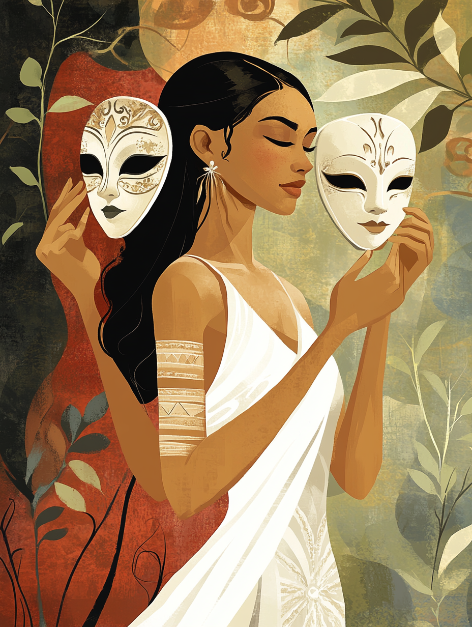 Maya with two masks symbolizing ambition and integrity.