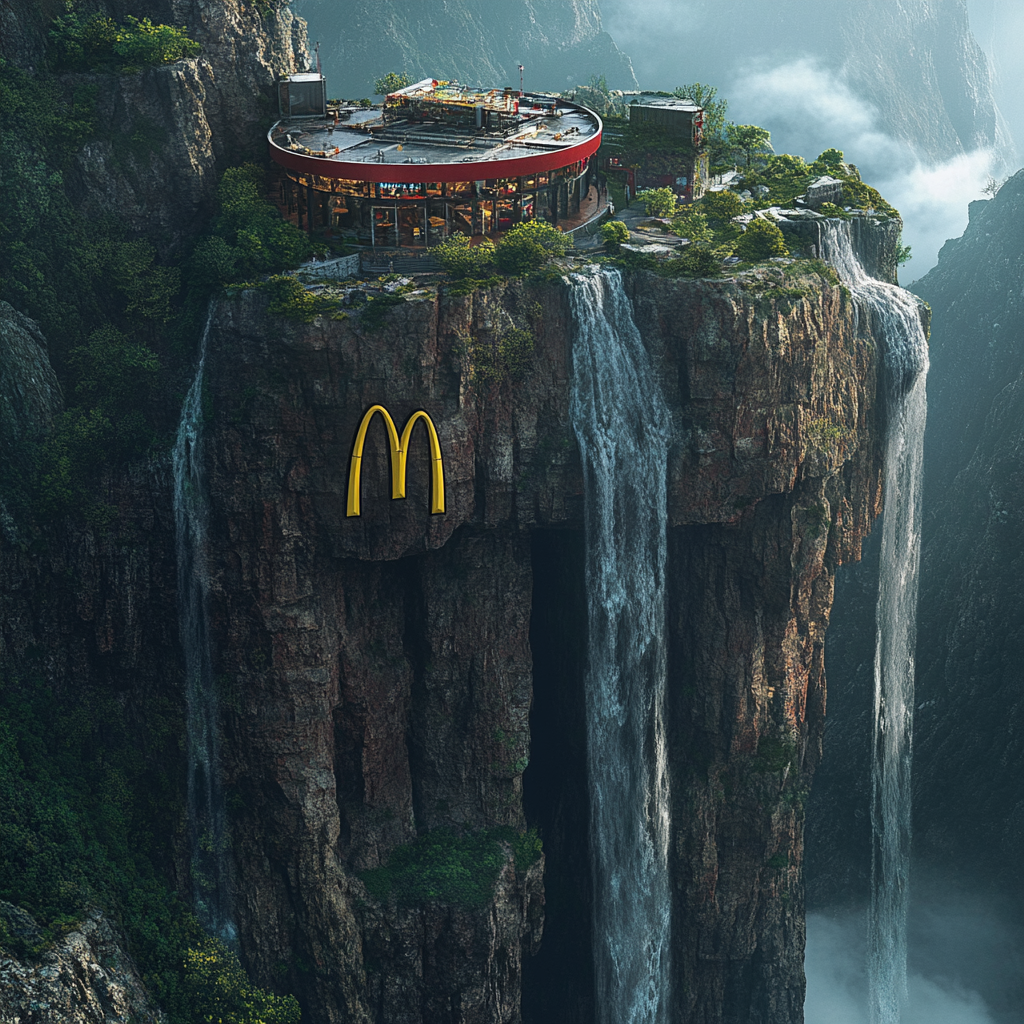 McDonald's inside mountain with waterfalls and logo.