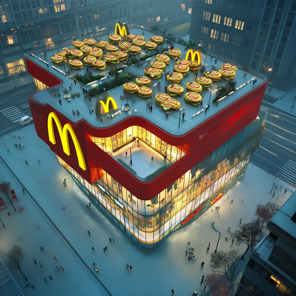 McDonald's store in square with 3D sandwich display.