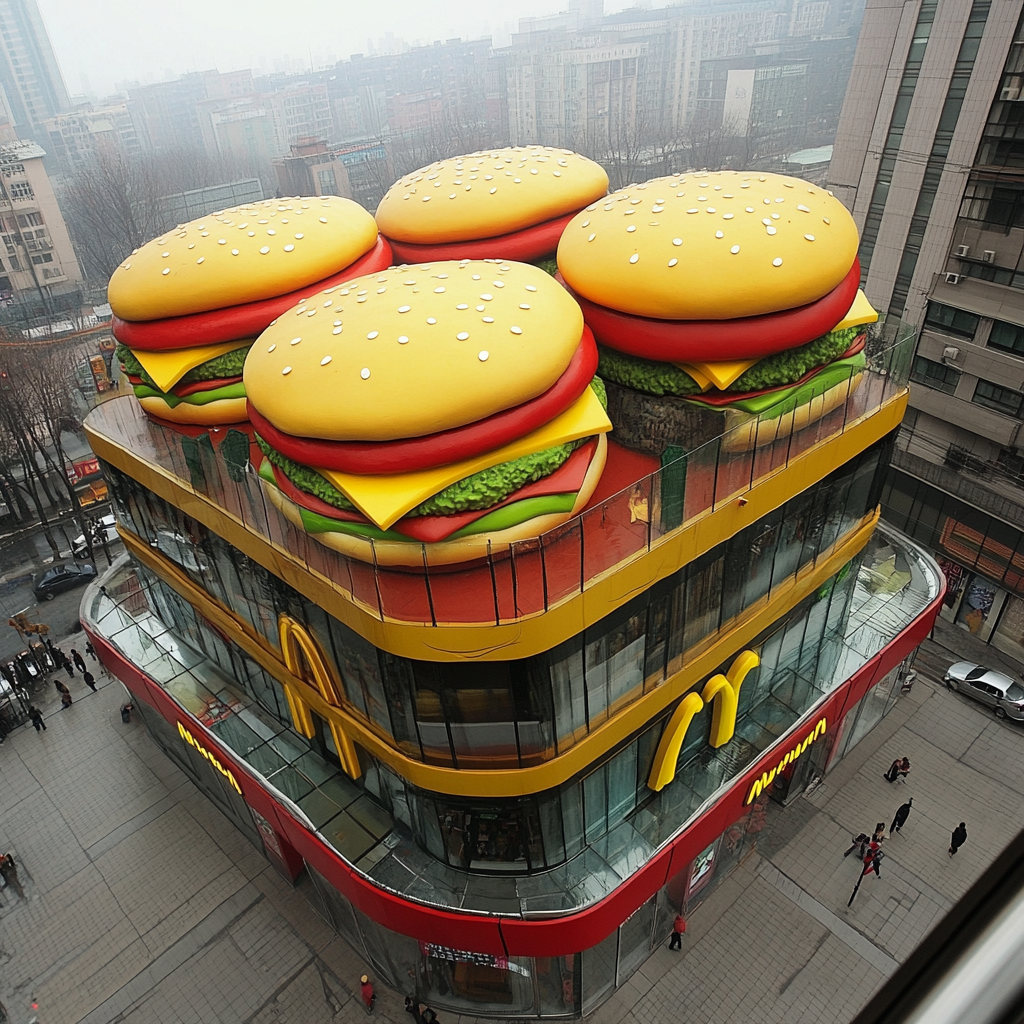 McDonald's store with giant 3D sandwiches on roof.