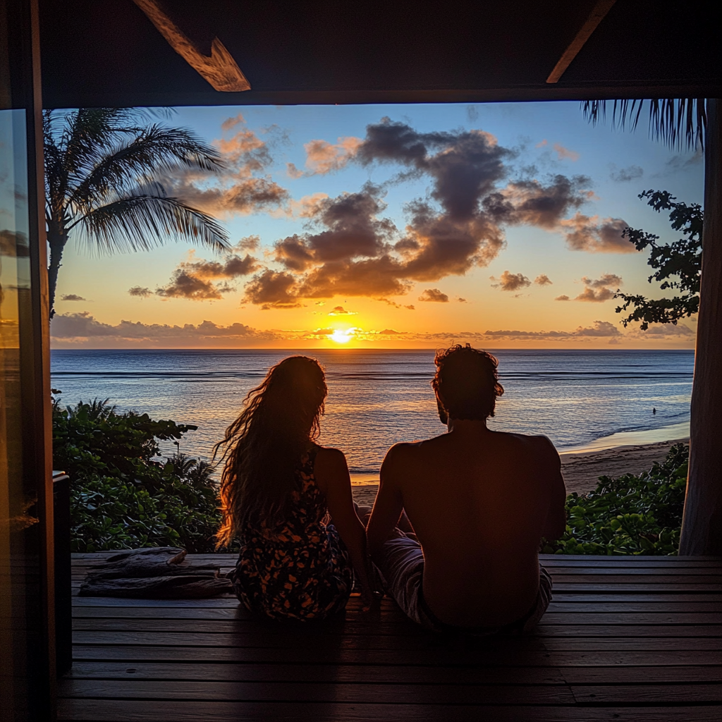 Me and my wife watching sunset on beach