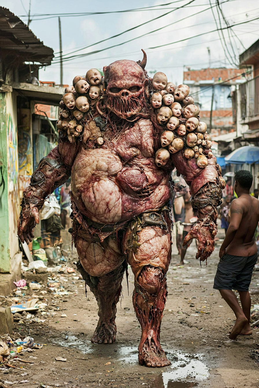 Meat man covered in baby heads walking in Rio