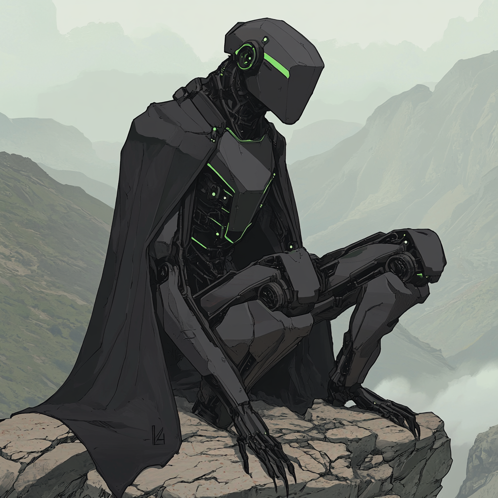 Mech in black cloak with hexagons on mountain ledge.