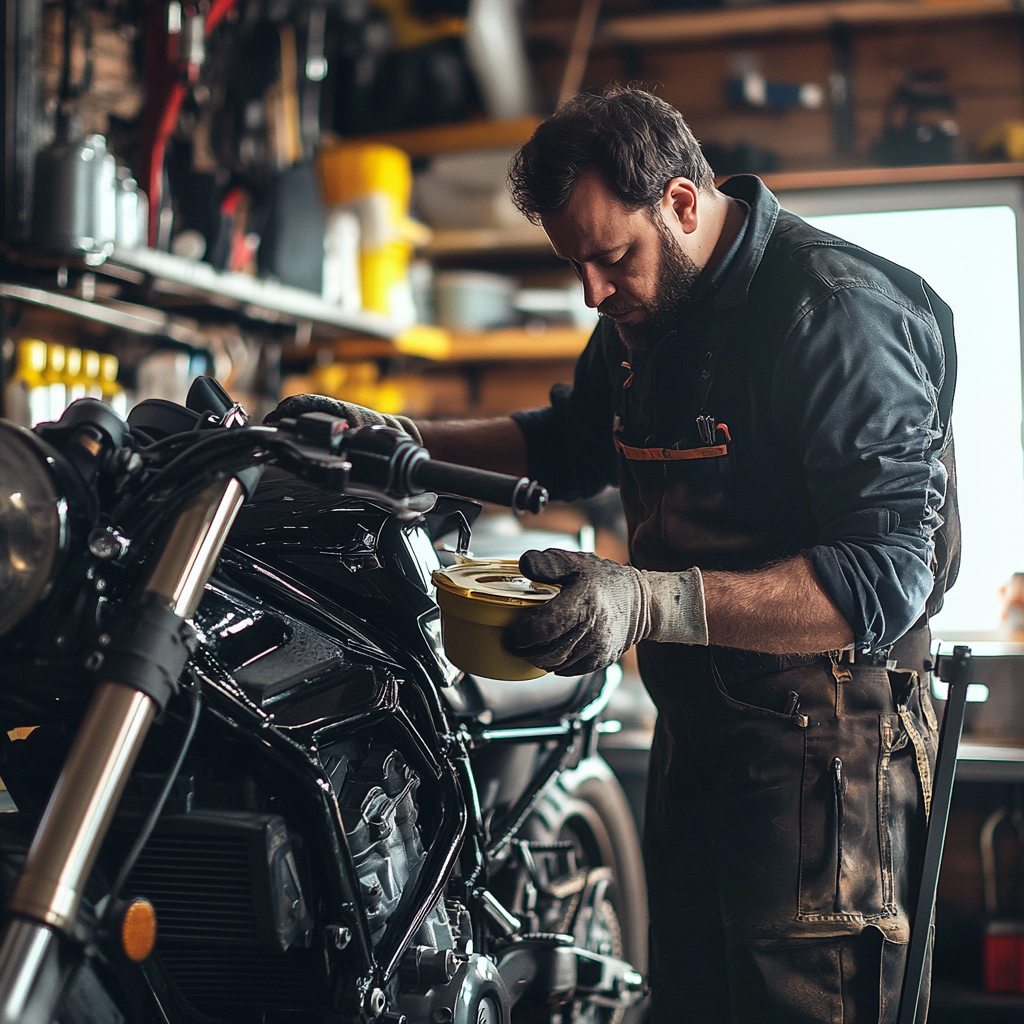 Mechanic changing motorcycle oil in organized garage.