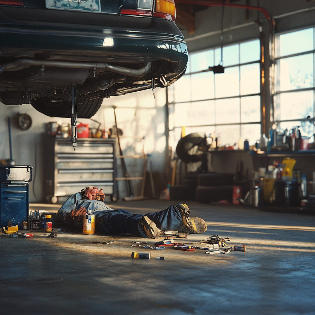 Mechanic under car, tools, oil, grease, tires, work area.