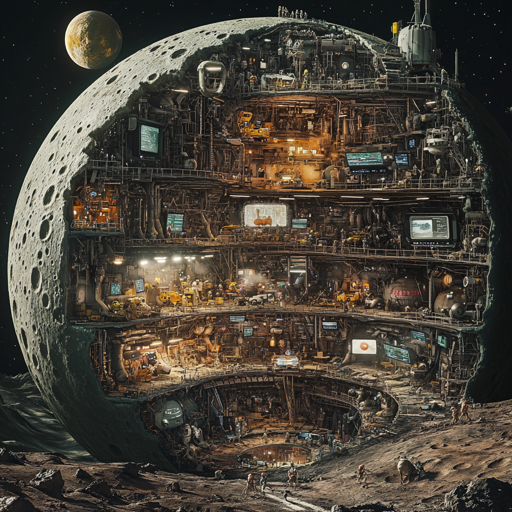 Mechanical Moon with Aliens Inside, Hyper Realistic 