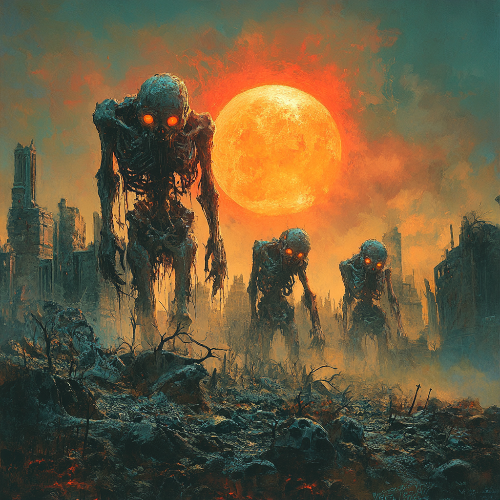 Mechanical and Rotten Zombies Battling under Red Moon