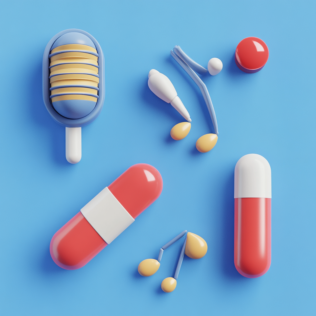 Medicine pills, music note, microphone, Blender C4D icons.