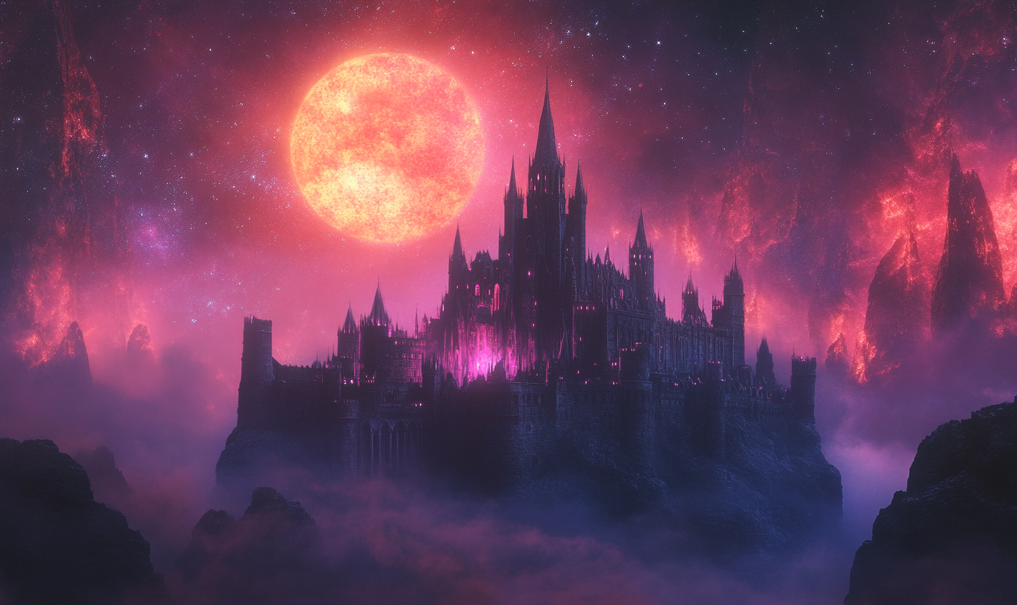 Medieval Fantasy Castle Night Neon Background Art