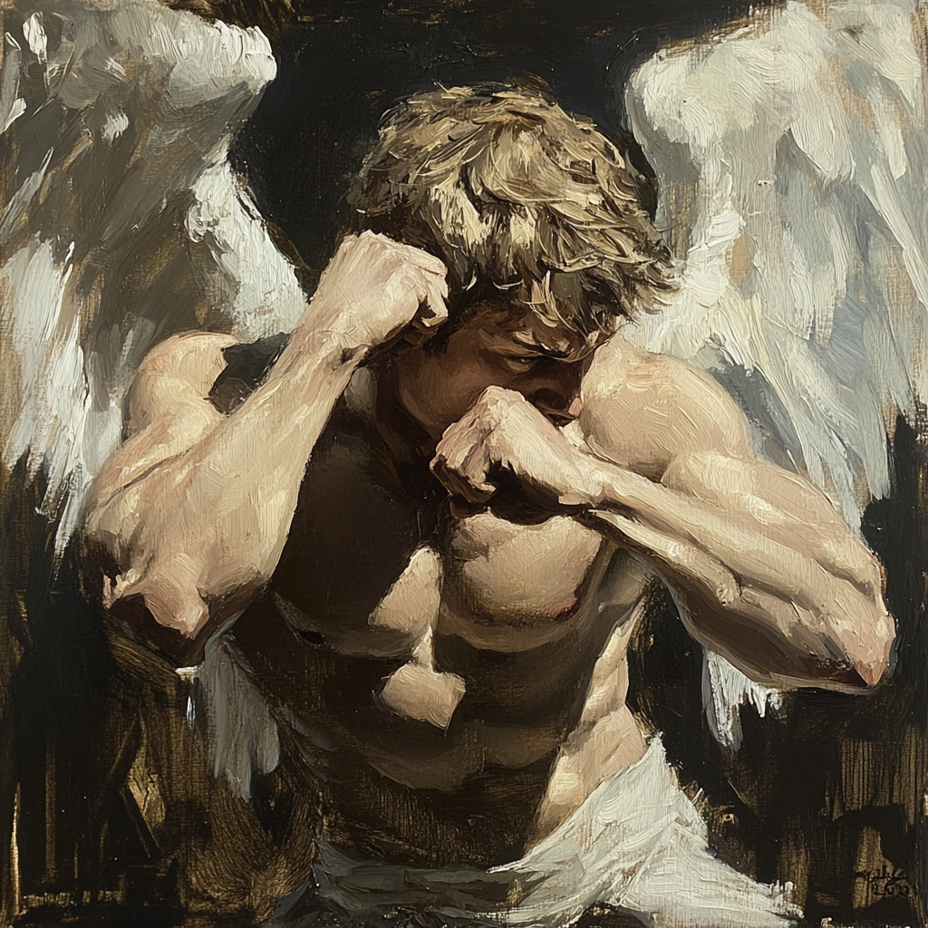 Medieval Male Angel Oil Painting with Flared Wings