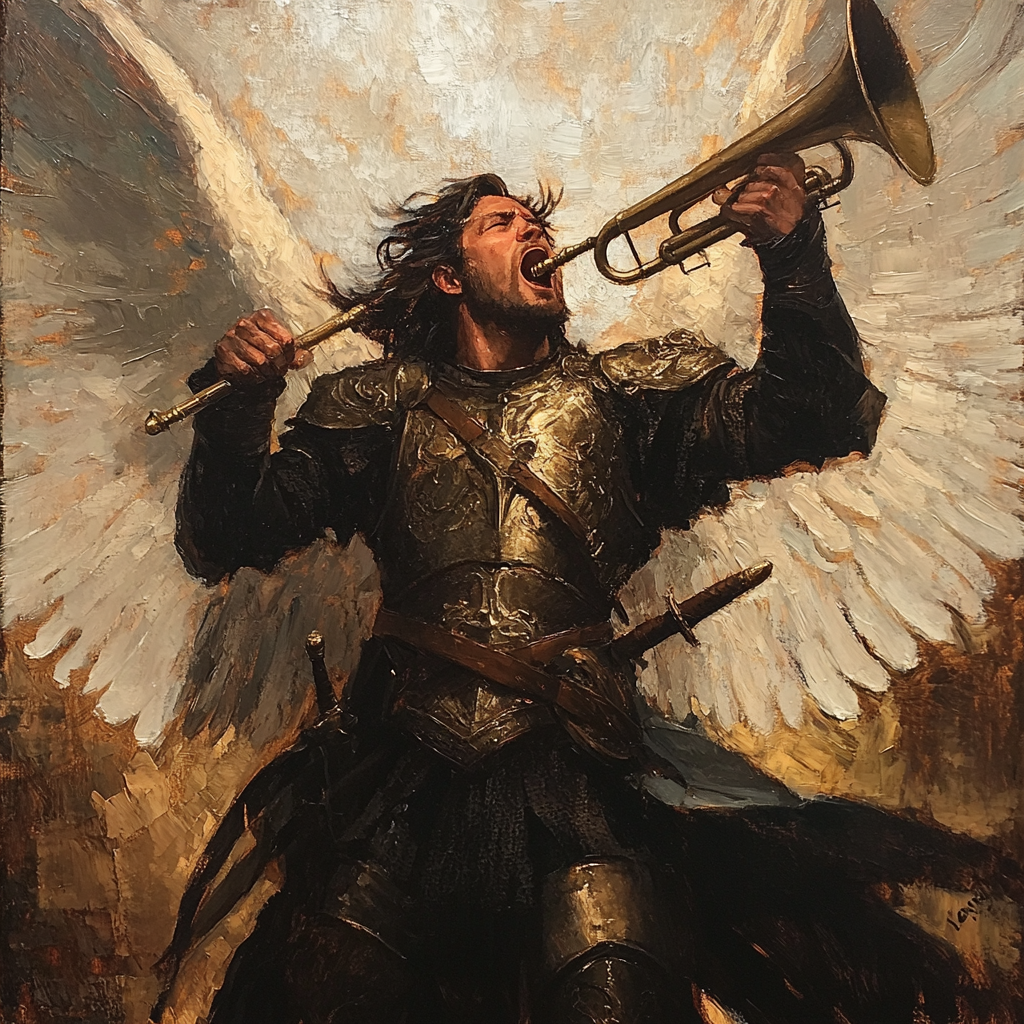 Medieval Male Angel with Sword and Trumpet, Wings Spread