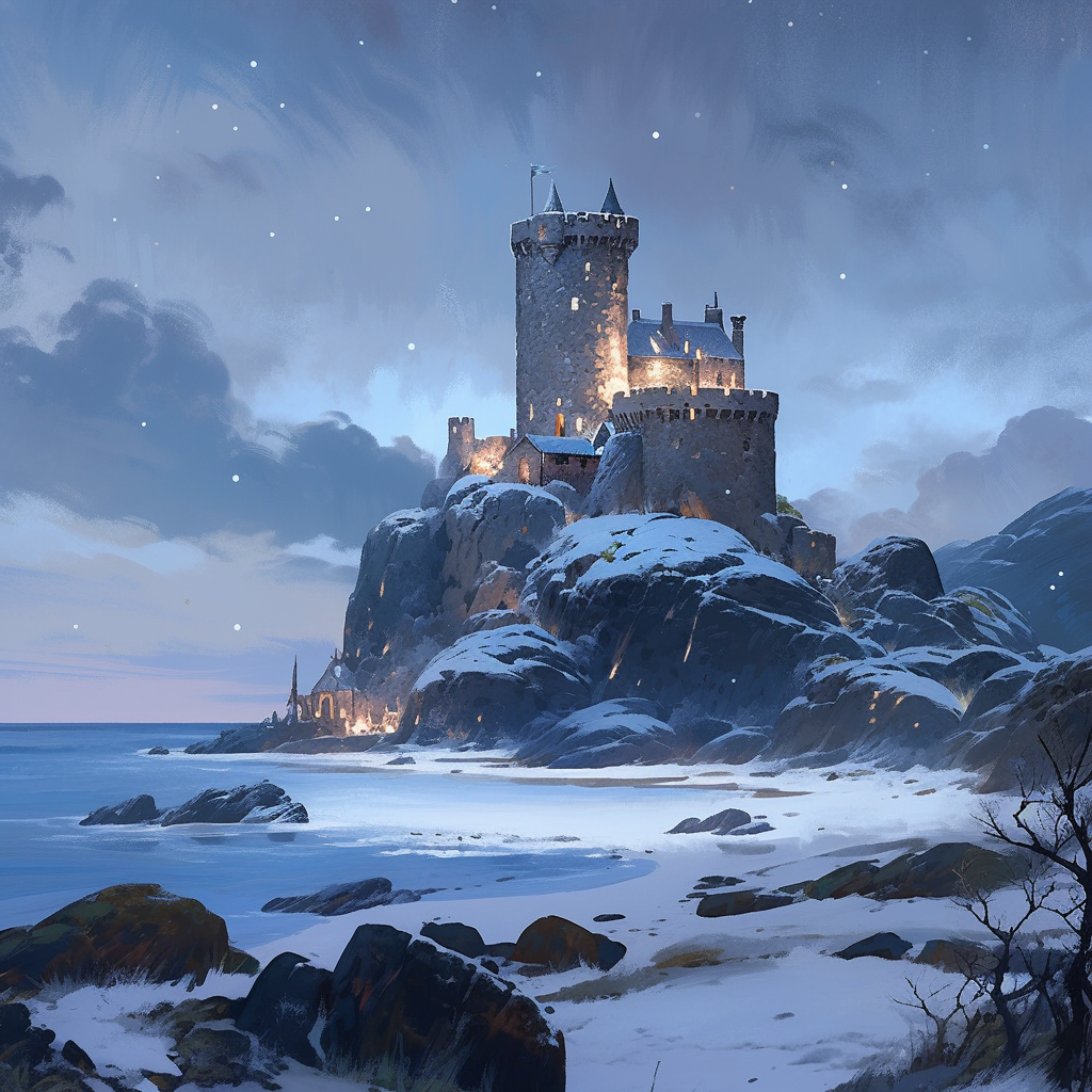 Medieval Scottish Isles Castle Overlooking Sea in Snowy Night