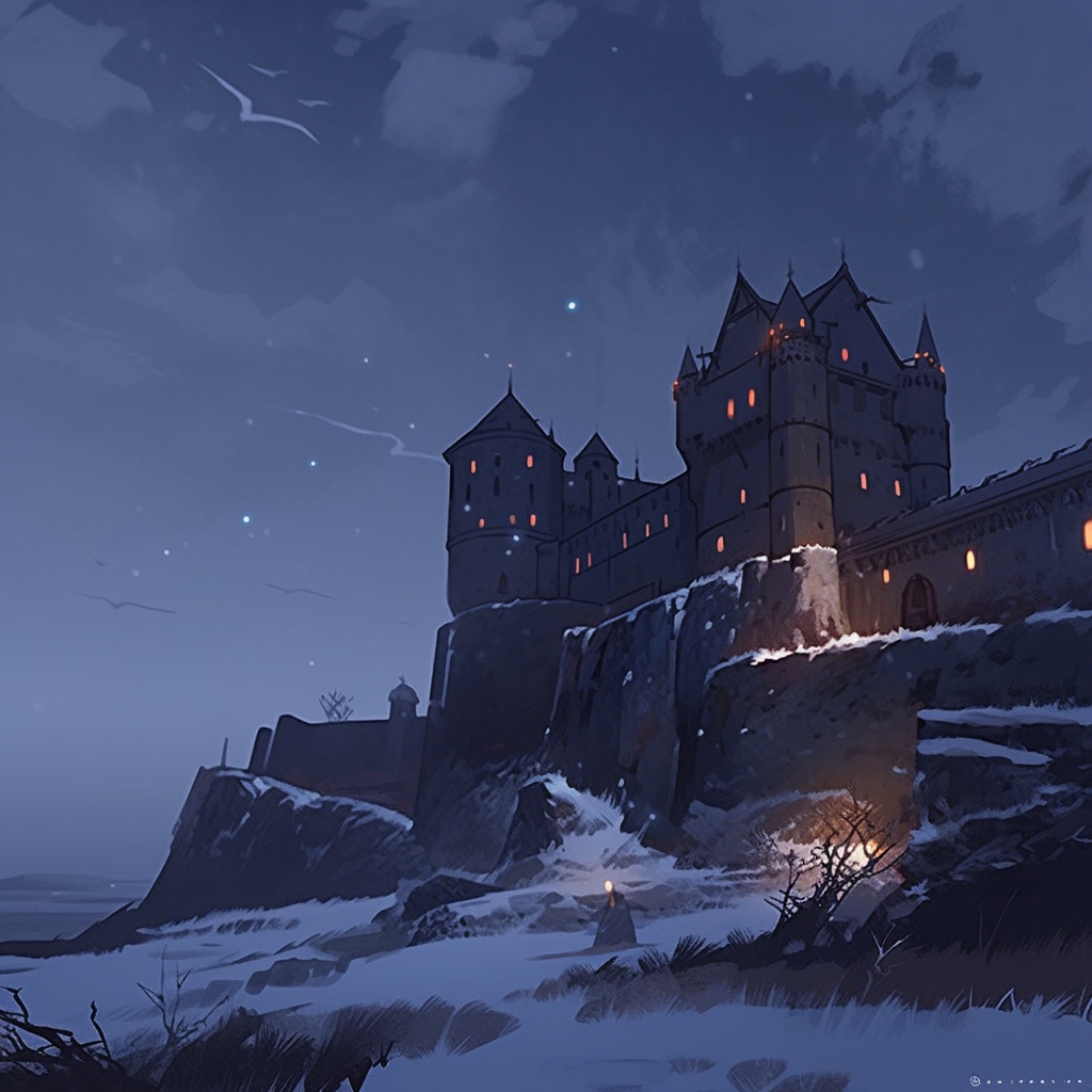 Medieval Scottish castle overlooking snowy isles and sea