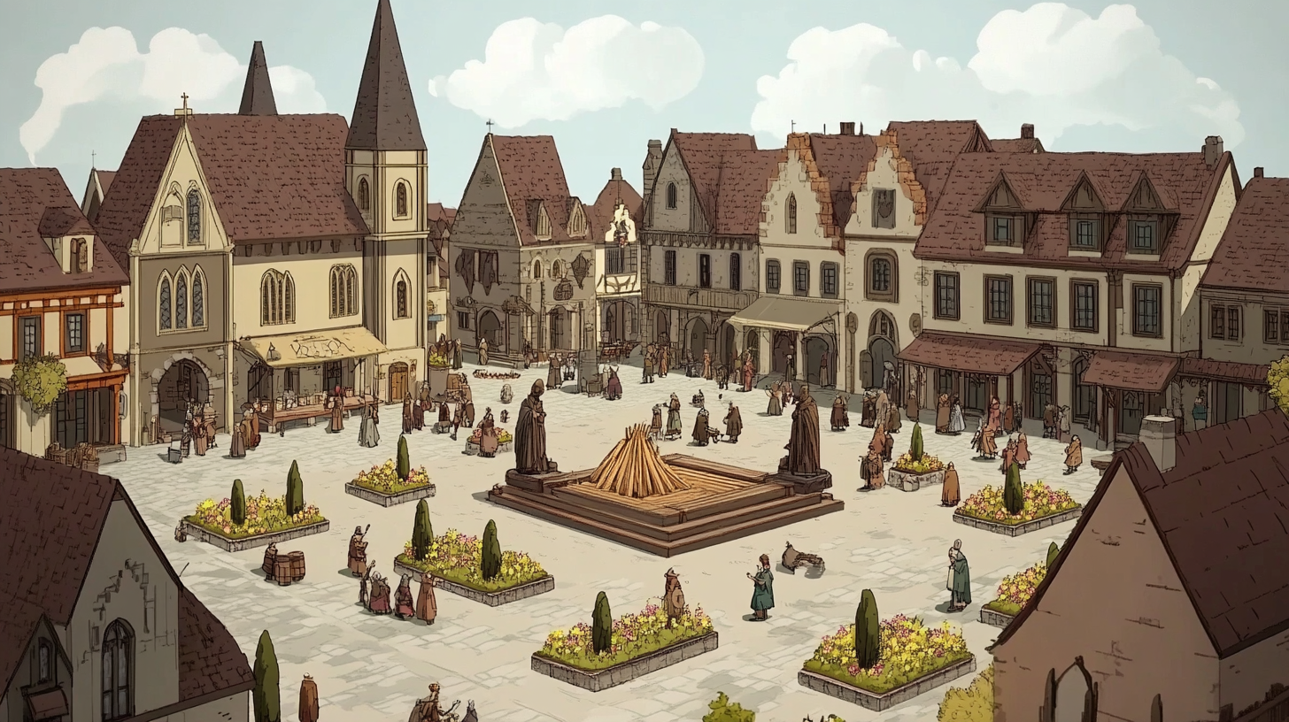 Medieval Town Square with Unlit Pyre and Buildings