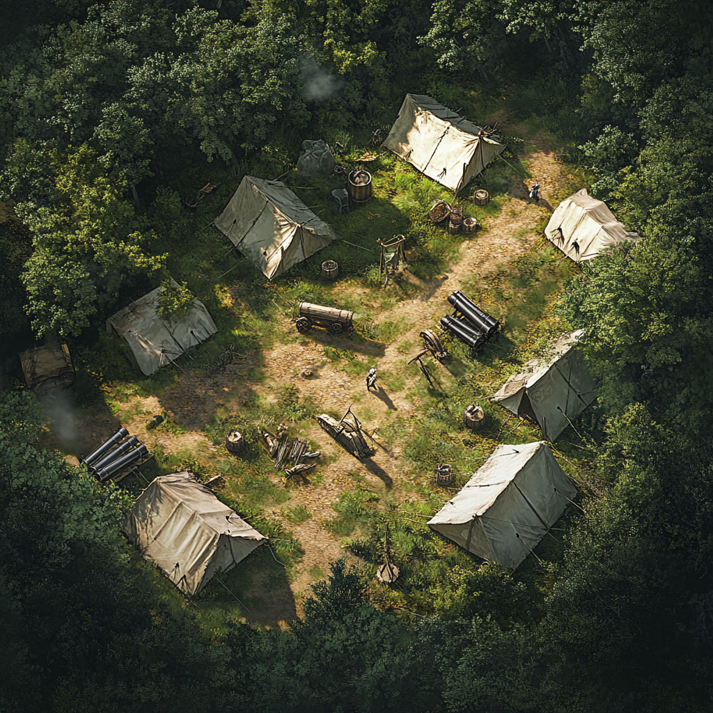 Medieval army camp in forest, tents, artillery weapons