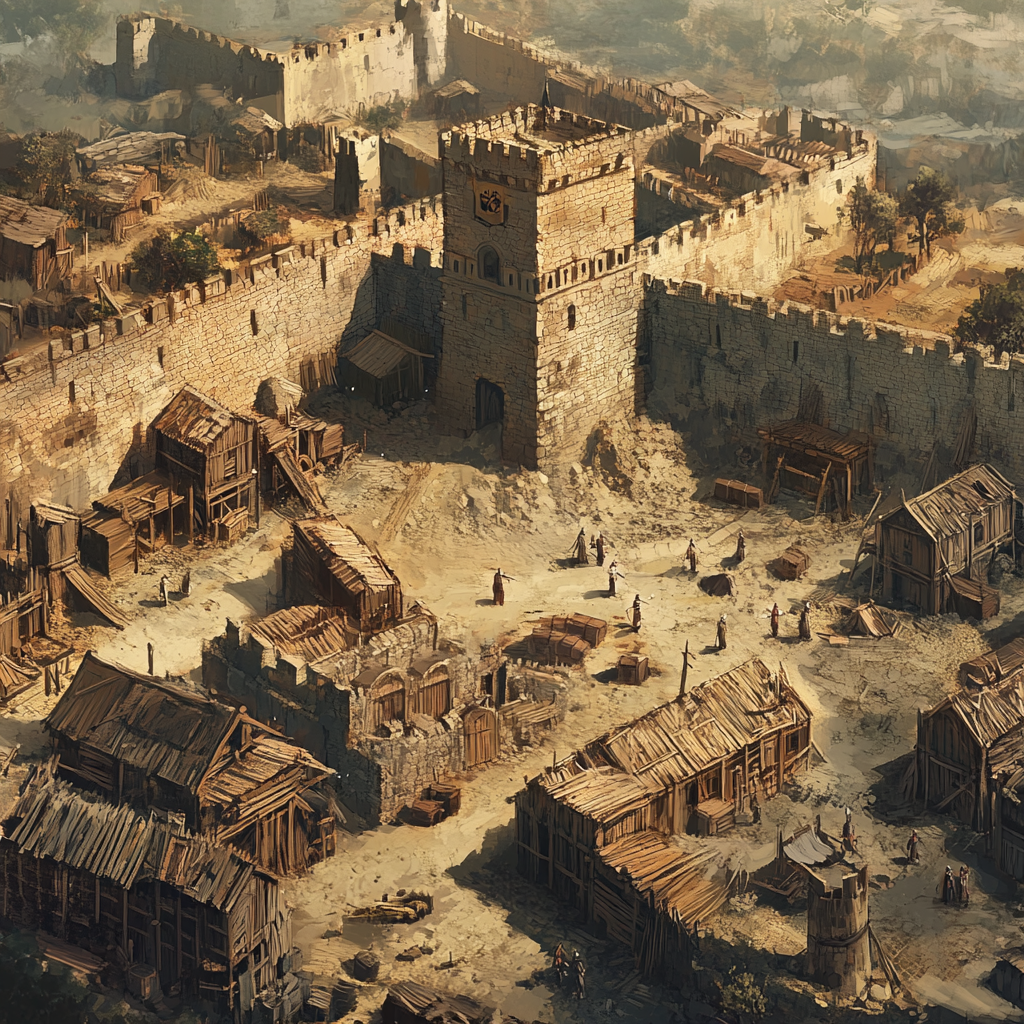 Medieval building site with walls and guard towers