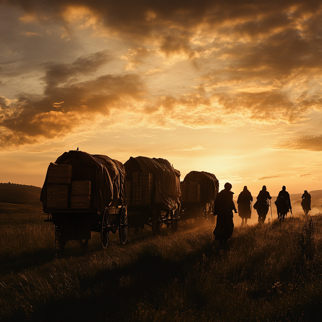 Medieval caravan of seven wagons with guards at sunset.