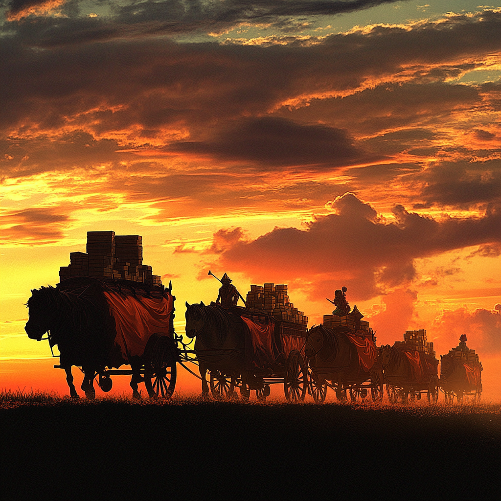 Medieval caravan with horse-drawn wagons, ogre, gnome, sunset.