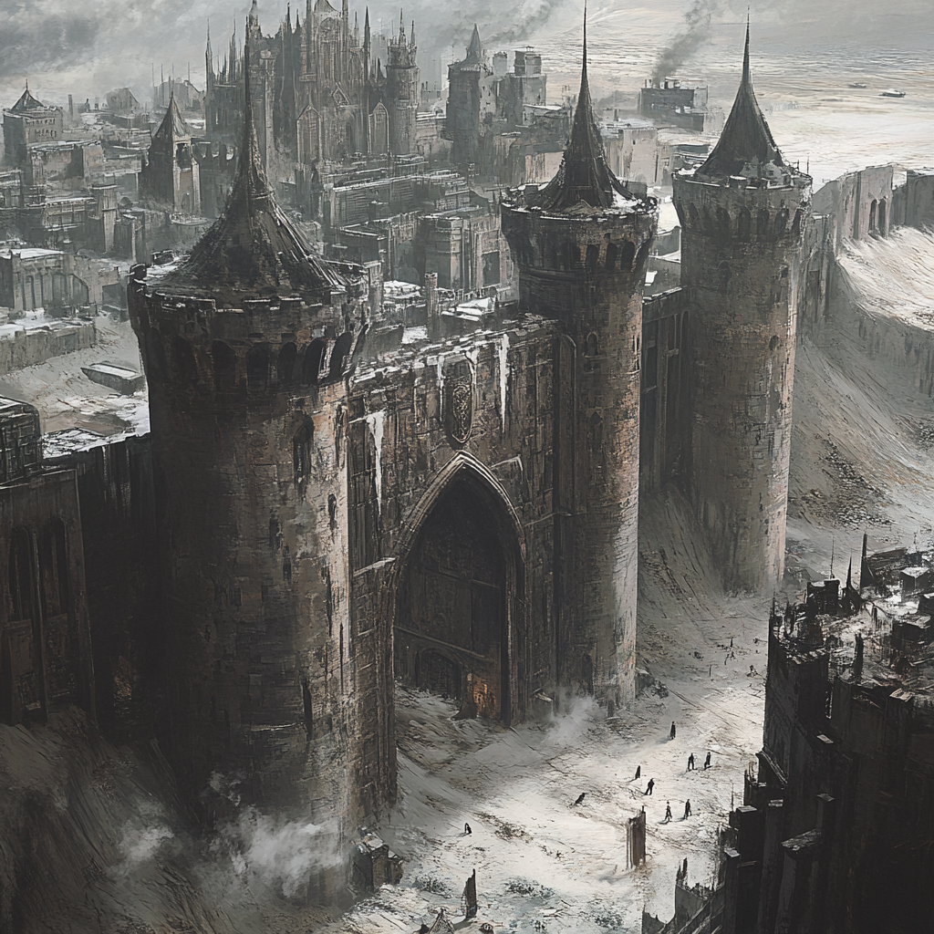 Medieval city gates covered in dirt and soot in poor industrial area.