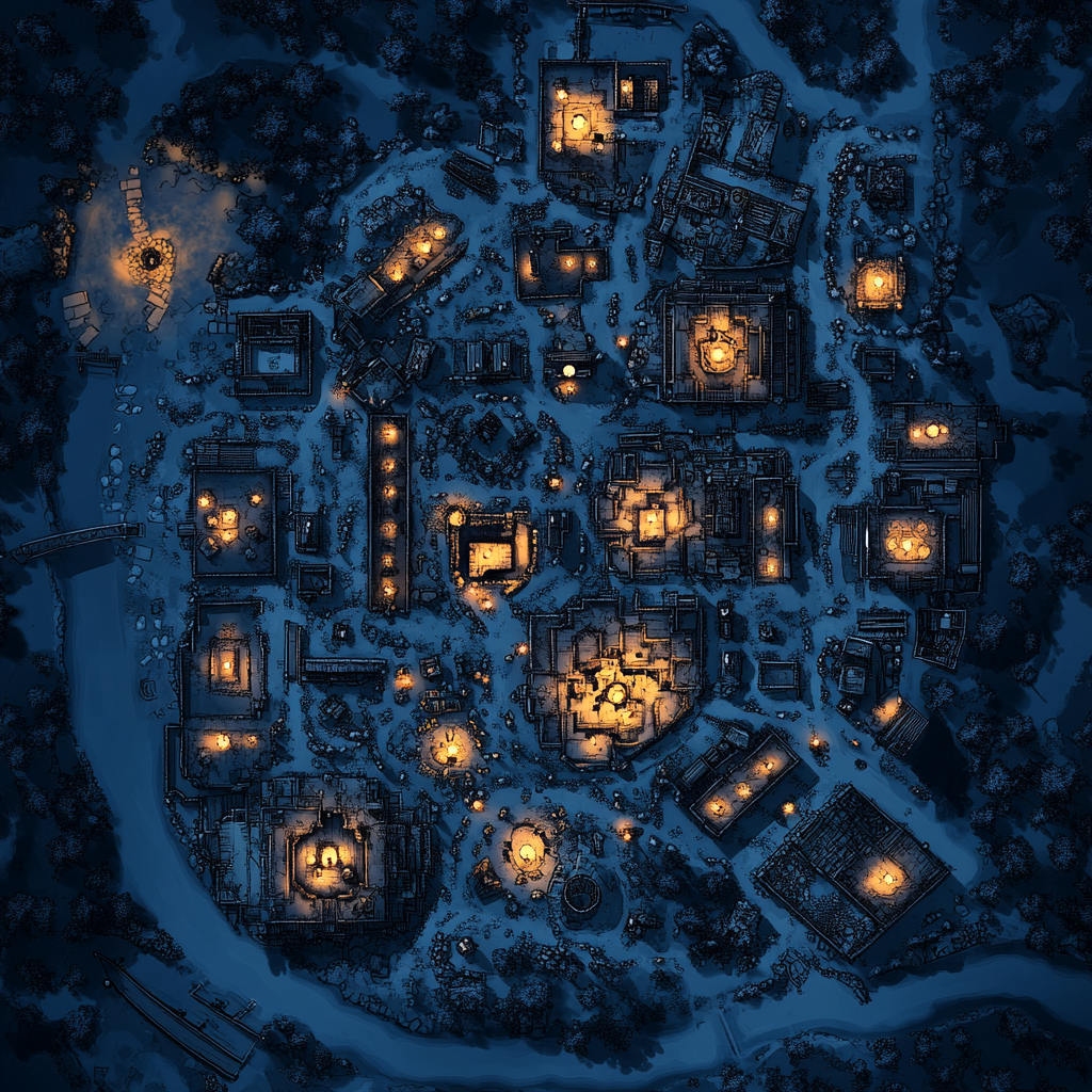 Medieval city map with dark blue and Amber lights