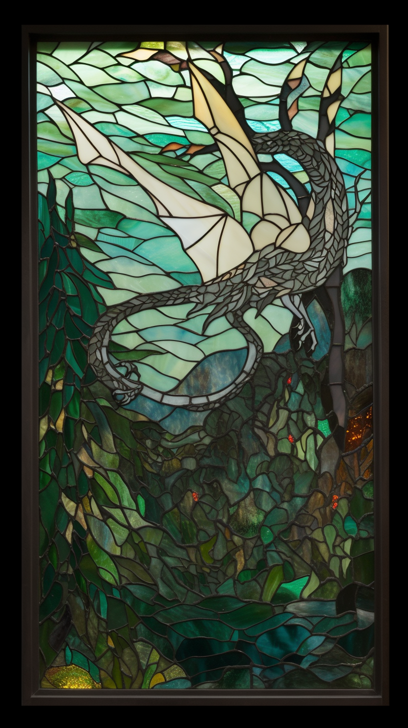 Medieval dragon mosaic in pastel colors with luminous glass.