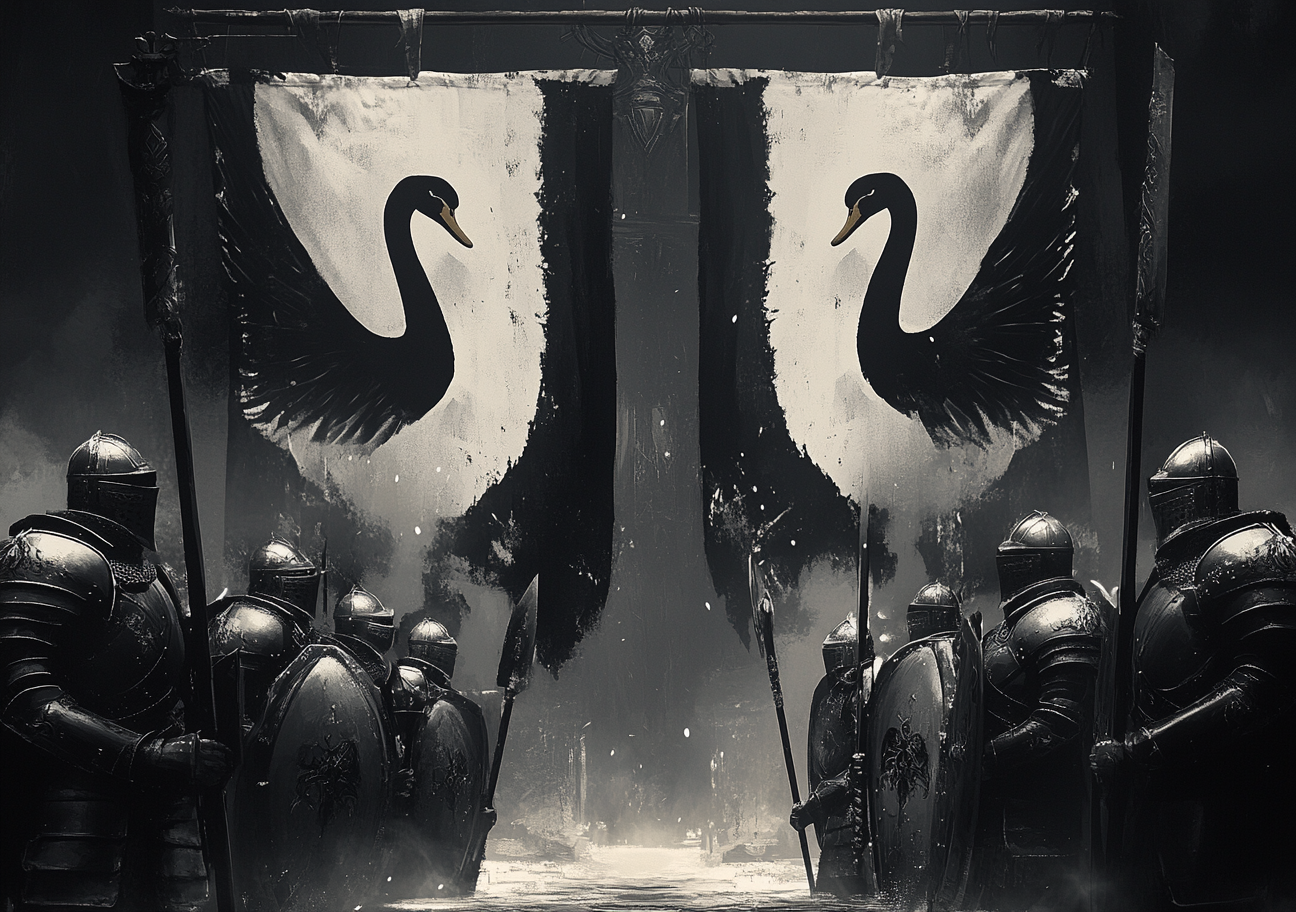 Medieval fantasy army with black & white knights flags.