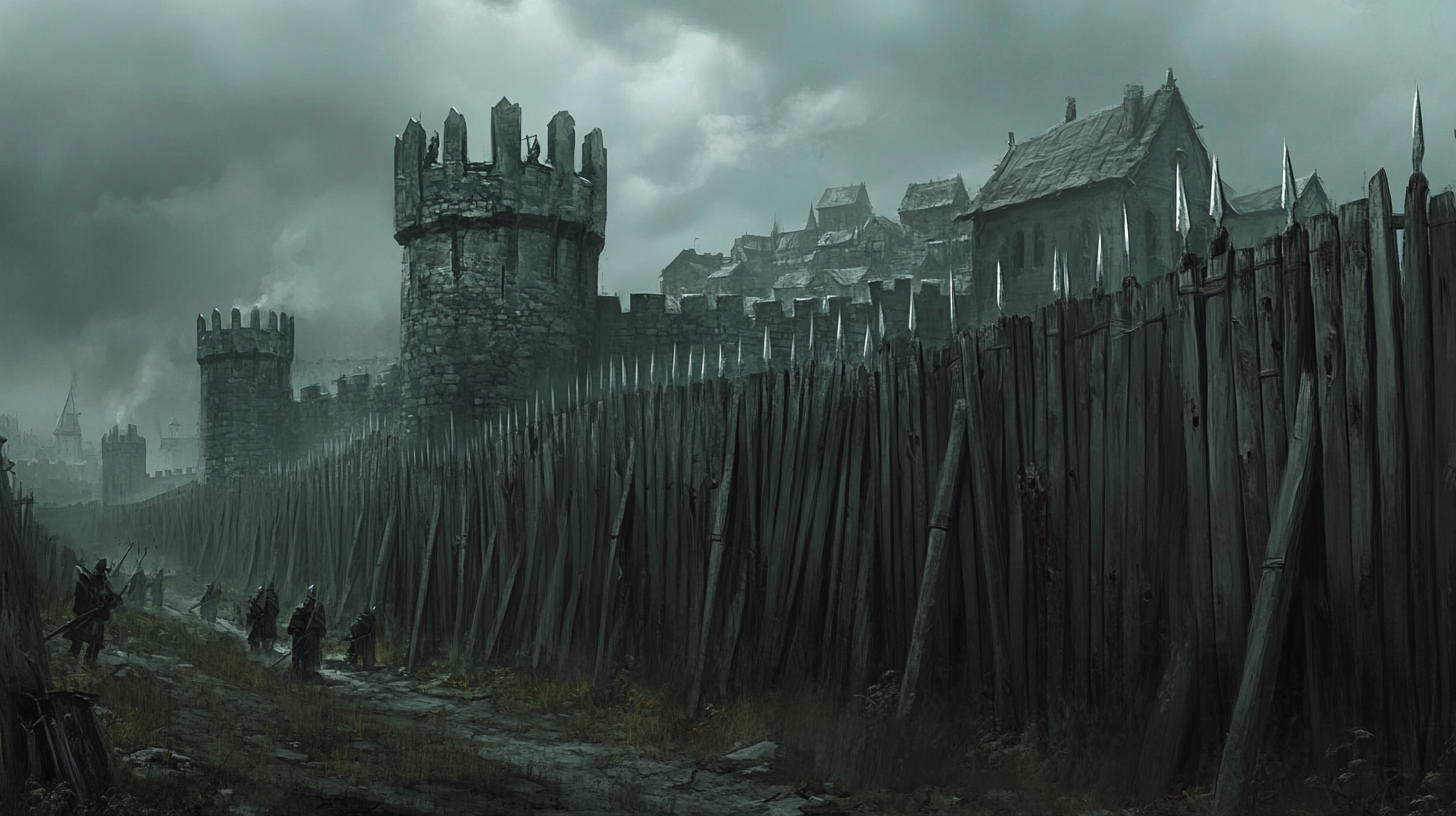 Medieval fantasy concept art with guards on palisade walls.