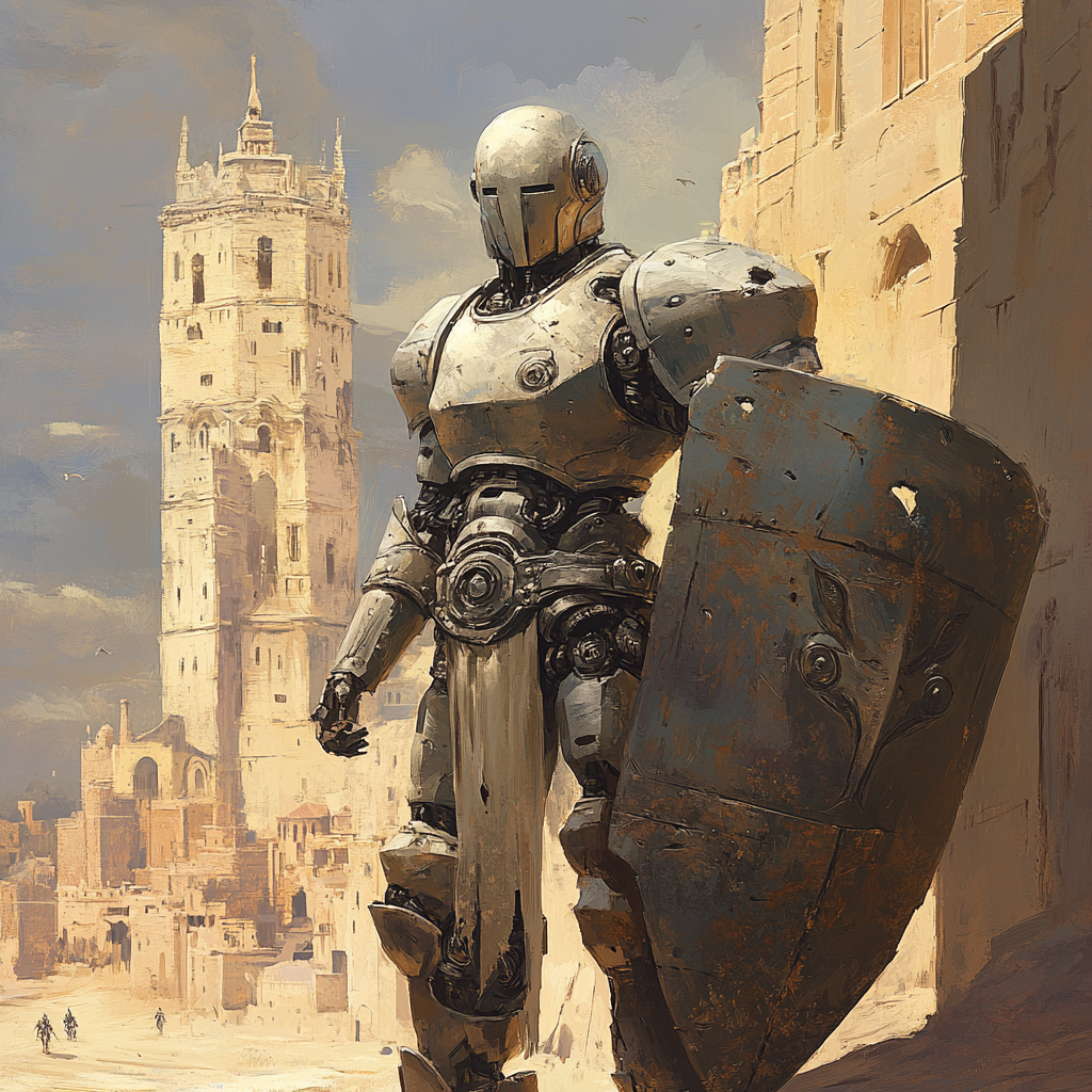 Medieval fantasy robot resembling chivalrous paladin, holding shield.