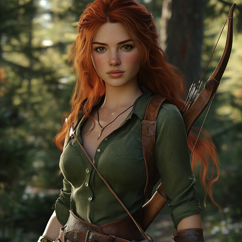 Medieval female hunter with red hair in forest