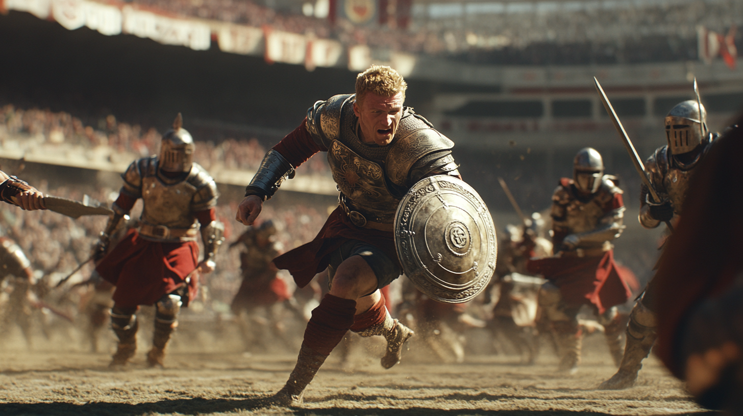 Medieval footballers in armor play at full stadium.