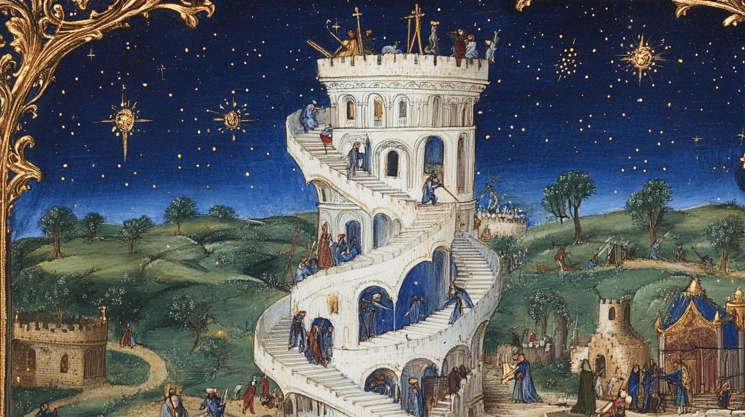 Medieval illustration of castle Tower under construction with workers.