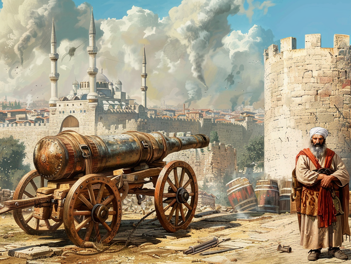 Medieval inventor standing with large cannon, Constantinople walls background