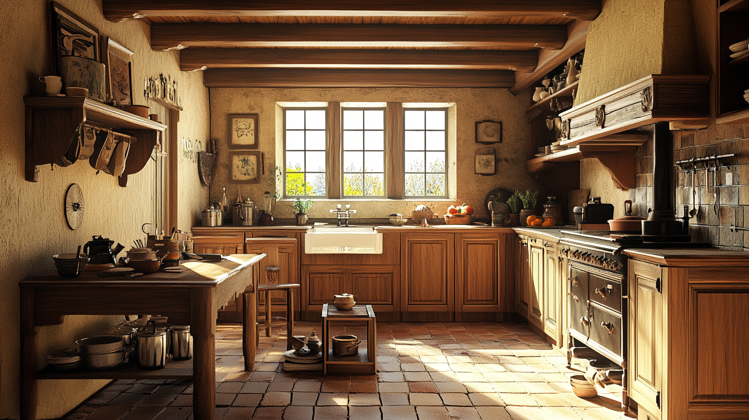 Medieval kitchen with classic design, detailed and realistic.