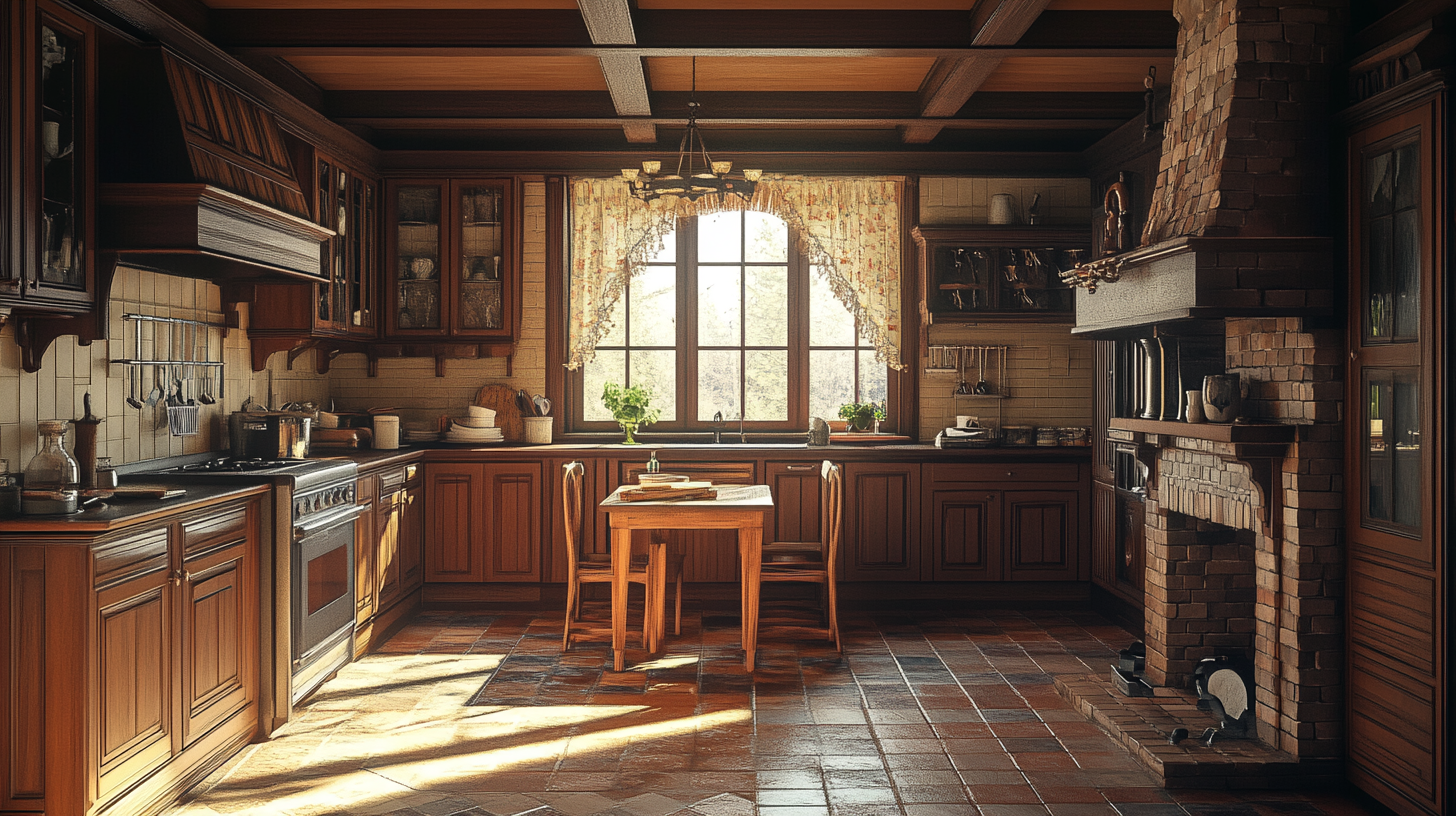 Medieval kitchen with classic wooden design and details.