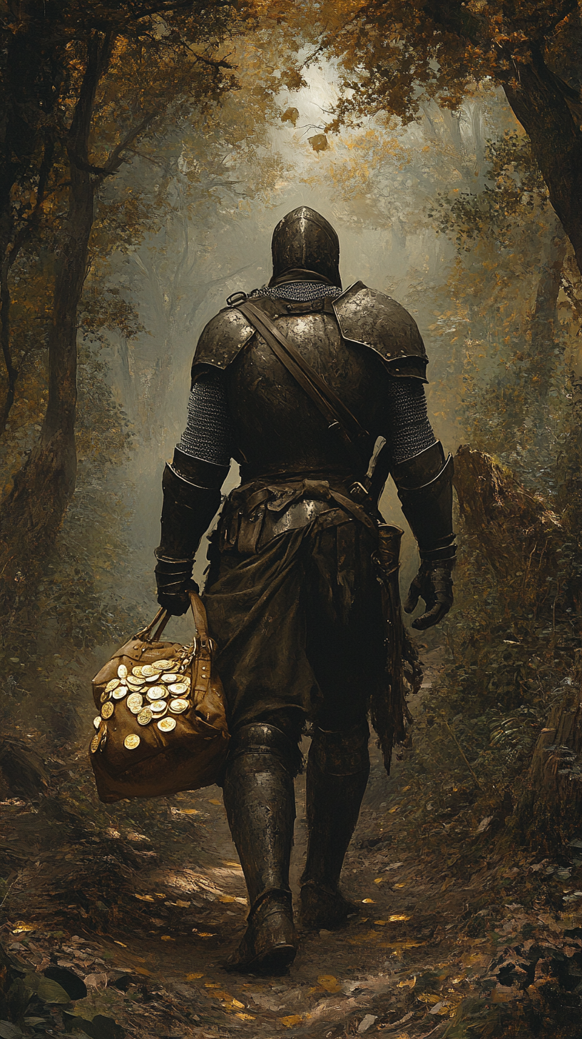 Medieval knight entering dark forest with gold, hyperrealistic poster