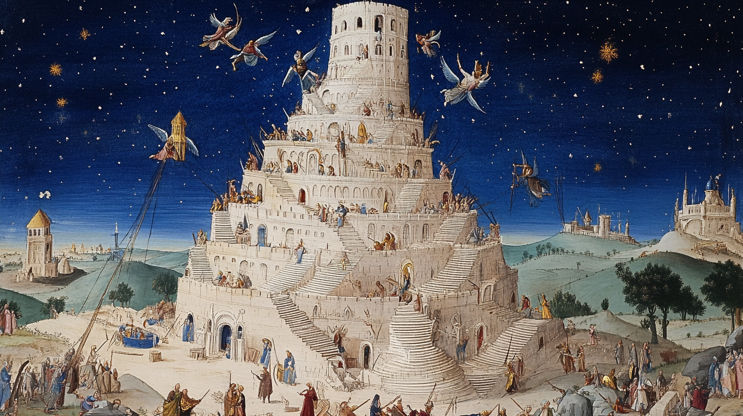 Medieval manuscript illustration of Tower of Babel construction.