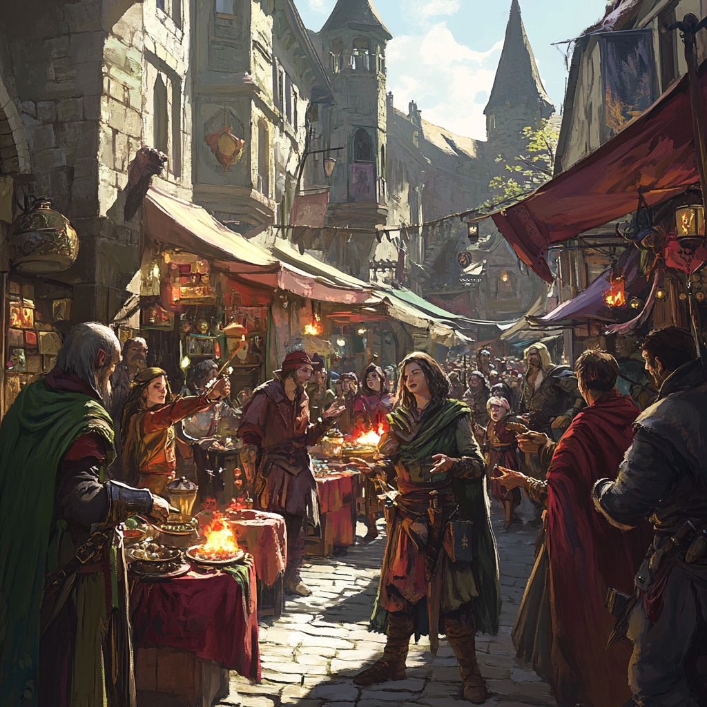 Medieval market with diverse D&D characters, lively energy.