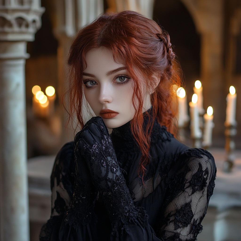 Medieval photoshoot: photorealistic girl with dark red hair