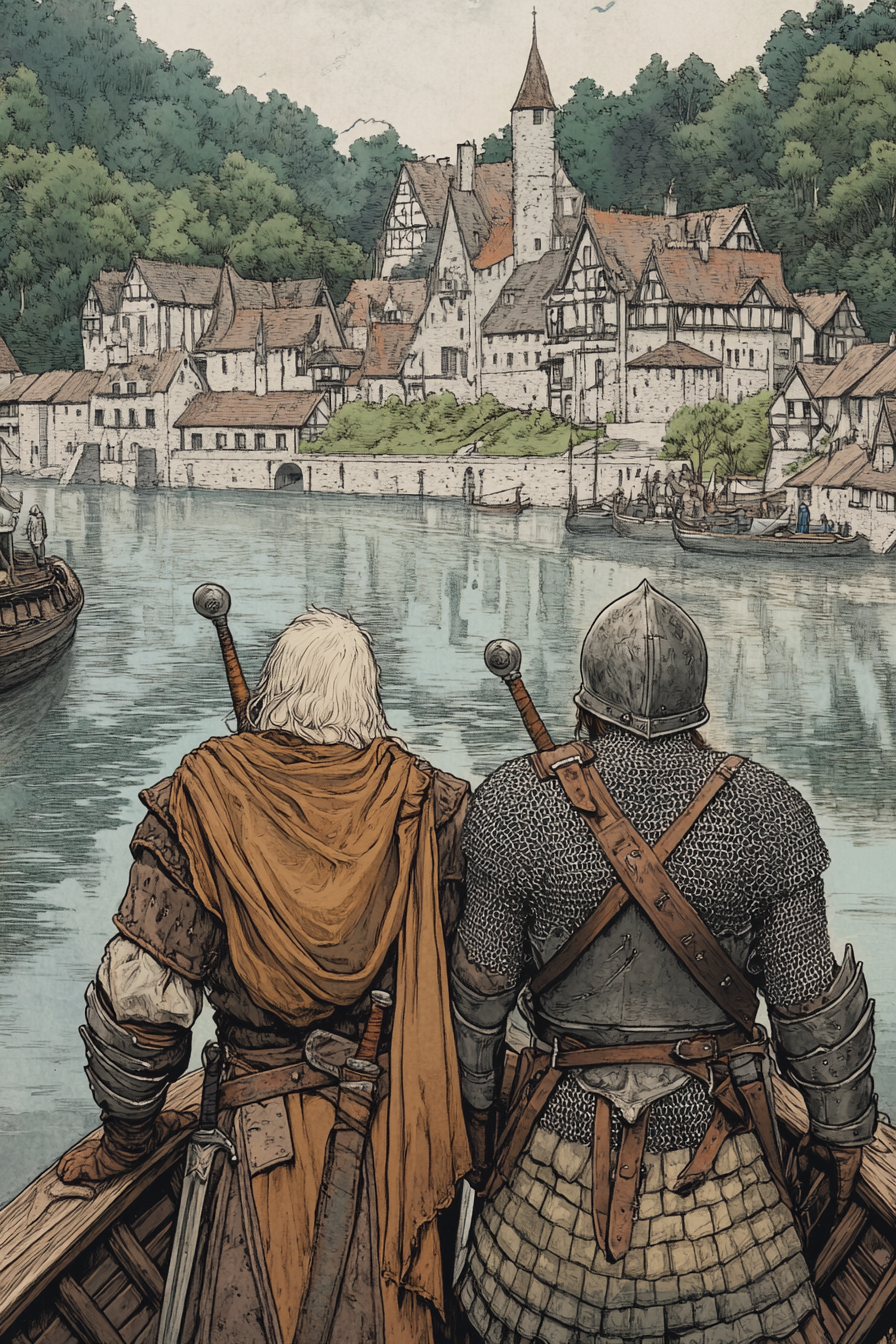 Medieval riverboat sailor and warrior approach island dock.