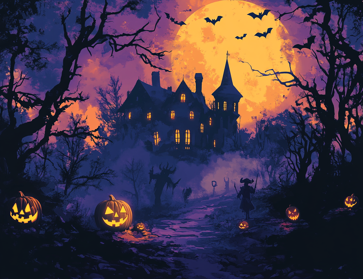 Medieval style adventurers cautiously approach haunted mansion, glowing jack-o'-lanterns.