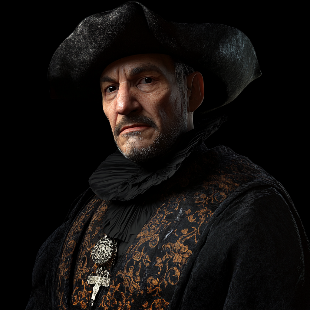 Medieval tavern manager in fancy, dark renaissance portrait.