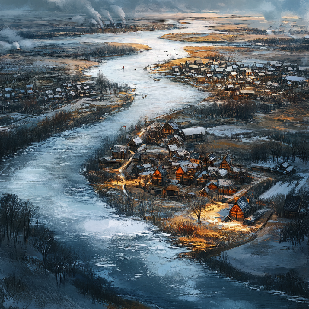 Medieval village by rivers in snowy winter